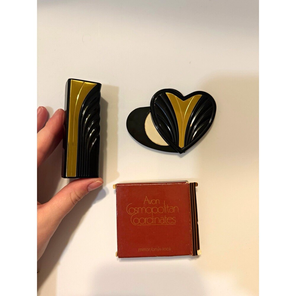 Vintage 1985 Avon Cosmopolitan Coordinates Set Art Deco Black Gold Lipstick Case